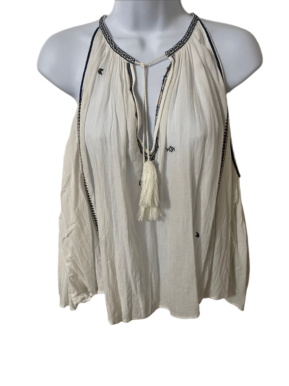 Isabel Etoile Marant Boho Cream Sleeveless Top with Navy Embroidery Size Medium